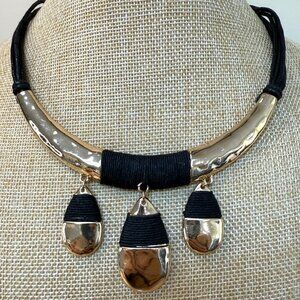 St. Thomas Gold & Black Pendant Necklace, Statement, Neutral, Chunky, Hammered